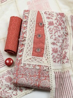 MEENA BAZAAR - Peach Cotton Unstitched Top With Bottom & Dupatta