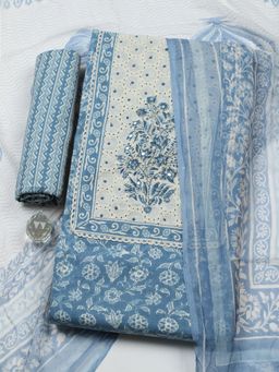 MEENA BAZAAR - Blue Cotton Unstitched Top With Bottom & Dupatta