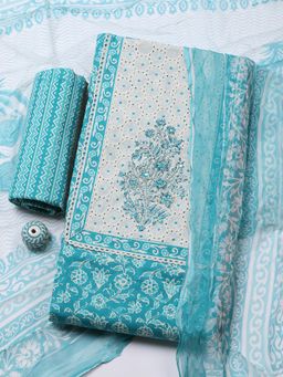 MEENA BAZAAR - Blue Cotton Unstitched Top With Bottom & Dupatta