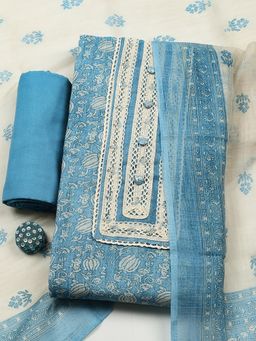 MEENA BAZAAR - Blue Cotton Unstitched Top With Bottom & Dupatta