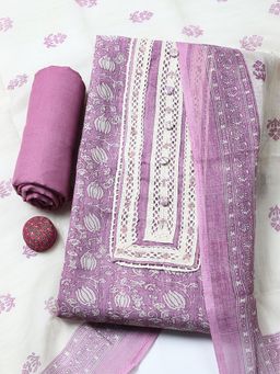MEENA BAZAAR - Lavender Cotton Unstitched Top With Bottom & Dupatta