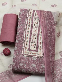 MEENA BAZAAR - Pink Cotton Unstitched Top With Bottom & Dupatta