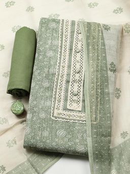 MEENA BAZAAR - Green Cotton Unstitched Top With Bottom & Dupatta