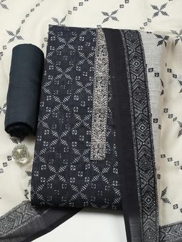MEENA BAZAAR - Black Cotton Unstitched Top With Bottom & Dupatta