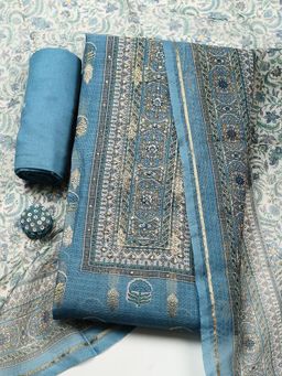 MEENA BAZAAR - Blue Linen Unstitched Top With Bottom & Dupatta