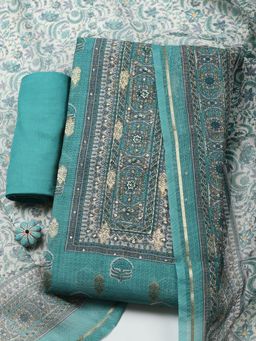 MEENA BAZAAR - Green Linen Unstitched Top With Bottom & Dupatta