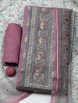 MEENA BAZAAR - Lavender Linen Unstitched Top With Bottom & Dupatta