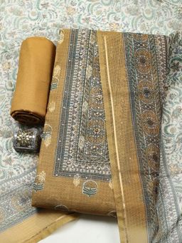 MEENA BAZAAR - Mustard Linen Unstitched Top With Bottom & Dupatta