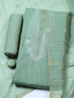 MEENA BAZAAR - Green Chanderi Unstitched Top With Bottom & Dupatta
