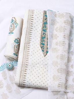 MEENA BAZAAR - Cream Cotton Unstitched Top With Bottom & Dupatta