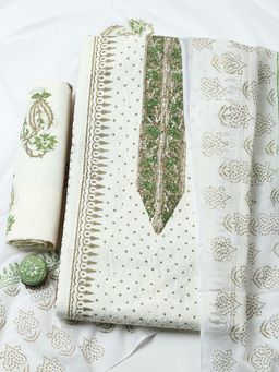 MEENA BAZAAR - Cream Cotton Unstitched Top With Bottom & Dupatta