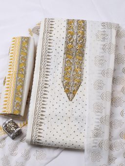MEENA BAZAAR - Cream Cotton Unstitched Top With Bottom & Dupatta