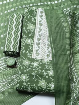 MEENA BAZAAR - Green Cotton Unstitched Top With Bottom & Dupatta