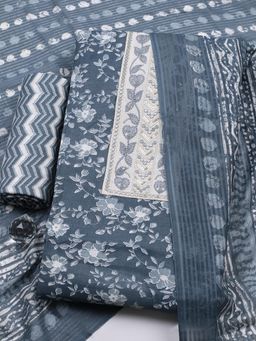 MEENA BAZAAR - Grey Cotton Unstitched Top With Bottom & Dupatta