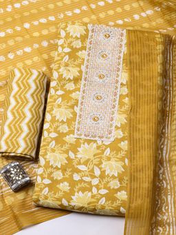 MEENA BAZAAR - Mustard Cotton Unstitched Top With Bottom & Dupatta