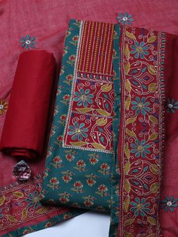 MEENA BAZAAR - Green Cotton Unstitched Top With Bottom & Dupatta