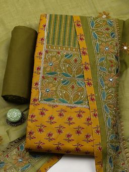 MEENA BAZAAR - Mustard Cotton Unstitched Top With Bottom & Dupatta