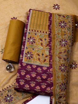 MEENA BAZAAR - Wine Cotton Unstitched Top With Bottom & Dupatta