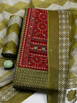 MEENA BAZAAR - Green Cotton Unstitched Top With Bottom & Dupatta