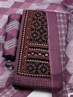 MEENA BAZAAR - Wine Cotton Unstitched Top With Bottom & Dupatta