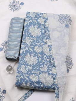 MEENA BAZAAR - Grey Cotton Unstitched Top With Bottom & Dupatta