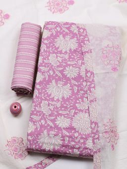 MEENA BAZAAR - Pink Cotton Unstitched Top With Bottom & Dupatta