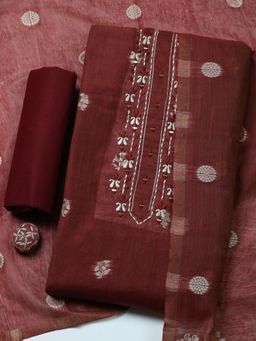 MEENA BAZAAR - Brown Cotton Unstitched Top With Bottom & Dupatta