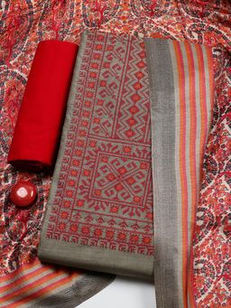 MEENA BAZAAR - Beige Cotton Unstitched Top With Bottom & Dupatta