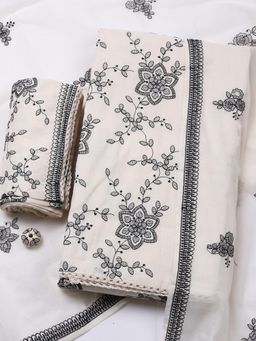 MEENA BAZAAR - Cream Cotton Unstitched Top With Bottom & Dupatta