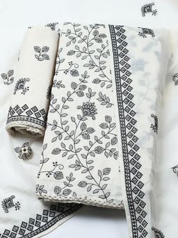 MEENA BAZAAR - Cream Cotton Unstitched Top With Bottom & Dupatta