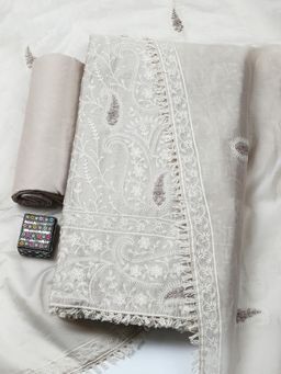 MEENA BAZAAR - Beige Cotton Unstitched Top With Bottom & Dupatta