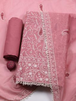 MEENA BAZAAR - Pink Cotton Unstitched Top With Bottom & Dupatta