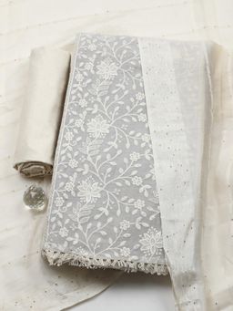 MEENA BAZAAR - Grey Cotton Unstitched Top With Bottom & Dupatta