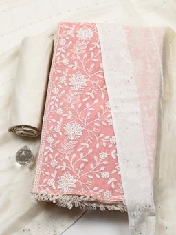 MEENA BAZAAR - Peach Cotton Unstitched Top With Bottom & Dupatta