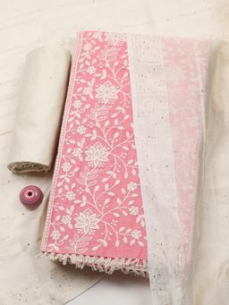 MEENA BAZAAR - Pink Cotton Unstitched Top With Bottom & Dupatta