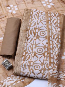 MEENA BAZAAR - Beige Cotton Unstitched Top With Bottom & Dupatta