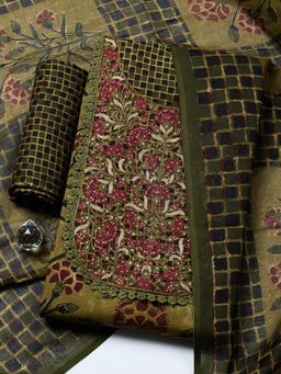 MEENA BAZAAR - Green Cotton Unstitched Top With Bottom & Dupatta