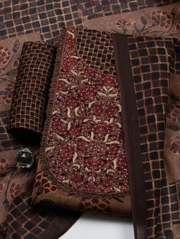 MEENA BAZAAR - Rust Cotton Unstitched Top With Bottom & Dupatta