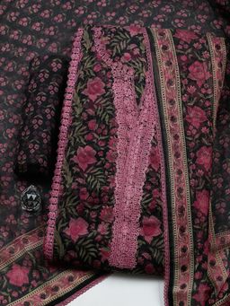 MEENA BAZAAR - Black Cotton Unstitched Top With Bottom & Dupatta