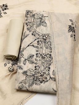 MEENA BAZAAR - Beige Cotton Unstitched Top With Bottom & Dupatta