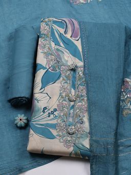 MEENA BAZAAR - Blue Muslin Unstitched Top With Bottom & Dupatta