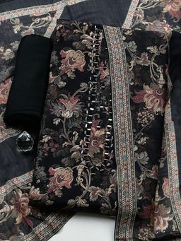 MEENA BAZAAR - Black Muslin Unstitched Top With Bottom & Dupatta
