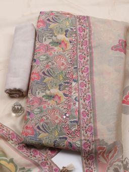 MEENA BAZAAR - Beige Muslin Unstitched Top With Bottom & Dupatta