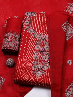 MEENA BAZAAR - Red Cotton Unstitched Top With Bottom & Dupatta