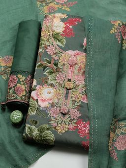 MEENA BAZAAR - Green Muslin Unstitched Top With Bottom & Dupatta