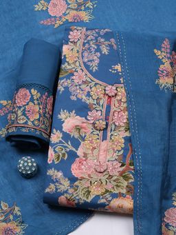 MEENA BAZAAR - Blue Muslin Unstitched Top With Bottom & Dupatta