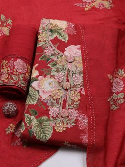 MEENA BAZAAR - Red Muslin Unstitched Top With Bottom & Dupatta