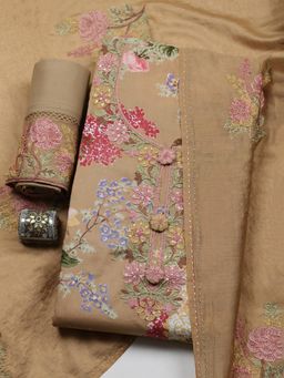 MEENA BAZAAR - Beige Muslin Unstitched Top With Bottom & Dupatta