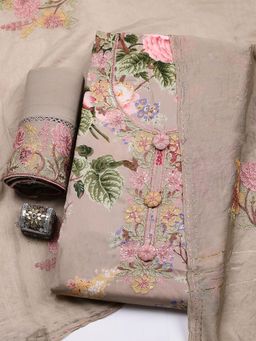 MEENA BAZAAR - Brown Muslin Unstitched Top With Bottom & Dupatta