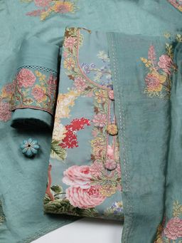 MEENA BAZAAR - Green Muslin Unstitched Top With Bottom & Dupatta